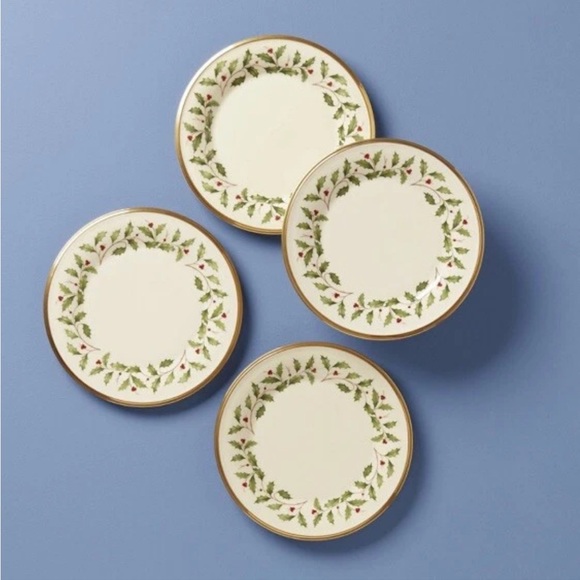 Lenox HOLIDAY Holly Berries Gold Trim Set/4 Salad Plates 8 1/8" Dia. NEW IN BOX! - Picture 7 of 9